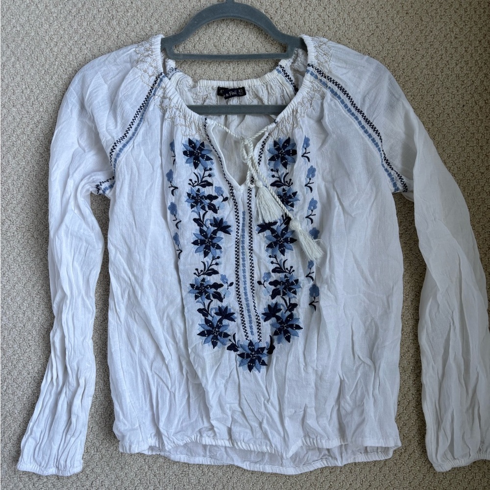 Abercrombie & Fitch White and Blue Tie Front Embellished Blouse